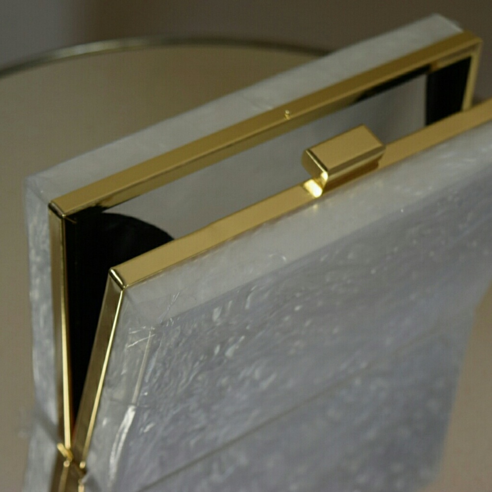 acrylic clutch with gold straps by Rachel Zoe